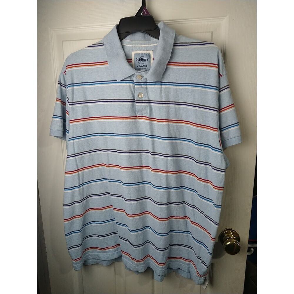 $ Old Navy Men's XXL Polo Striped Blue Shirt Short Sleeve Two Button Close